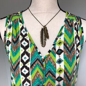 Mi Ami Chartreuse Green Print Boho Woodland Sleeveless Top Size Medium
